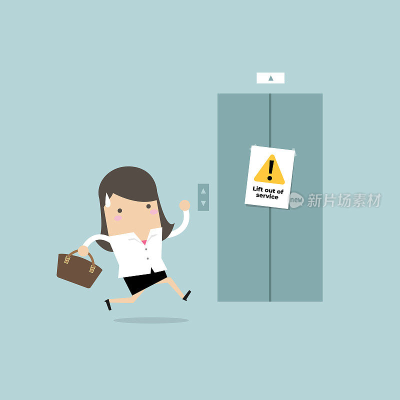 Businesswoman are running to the elevator. But the elevator is out of service.